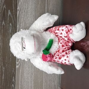 White ape monkey holding a rose satin heart shorts stuffed animal